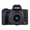 Aparat fotograficzny z widocznym logo "Canon" na górze, z zamontowanym obiektywem, na którym widnieje napis "Canon Zoom Lens EF-M 15-45mm 1:3.5-6.3 IS STM". Na korpusie aparatu znajduje się oznaczenie "EOS".
