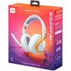 Opakowanie słuchawek JBL Quantum 250 w kolorach biało-złotym z widocznym logo JBL oraz napisem "SOUND IS SURVIVAL". Na boku opakowania znajdują się informacje o funkcjach, takich jak "JBL QUANTUM ENGINE", "AI KEYBOARD NOISE REDUCTION" oraz "JBL QUANTUM SP