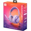 Fioletowe słuchawki nauszne z mikrofonem są przedstawione na opakowaniu z napisem "JBL Quantum 250" oraz hasłem "Sound is Survival". Na opakowaniu widoczne są także informacje o kompatybilności z różnymi platformami oraz funkcjach takich jak "AI Keyboard 