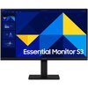 Monitor z wyświetlaczem pokazującym kolorową grafikę z niebieskimi i żółtymi trójkątami oraz tekstem "Essential Monitor S3". Na ramce monitora widoczne jest logo "Samsung".