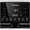 Czarny panel sterowania z wyświetlaczem cyfrowym pokazującym temperaturę 37°C i czas 00:30, z ikonami funkcji takimi jak ON/OFF, Presets, Night Light, Function, Material, Temperature, Capacity oraz tekstem: "Tulano", "Warm Milk", "Defrost", "Sterilize", "