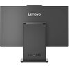 Czarno-szary komputer typu all-in-one marki Lenovo widziany od tyłu, z widocznym logo "Lenovo" na górze obudowy. Na dolnej części obudowy znajdują się różne porty, w tym USB i Ethernet, umieszczone na pionowo żebrowanej powierzchni.