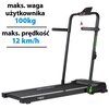 Bieżnia elektryczna z czarną ramą i zielonymi akcentami, z widocznym napisem "TUNTURI" na ramie oraz "CARDIO FIT T10" na podstawie. Obok bieżni znajduje się tekst: "maks. waga użytkownika 100kg, maks. prędkość 12 km/h".
