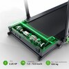 Na zdjęciu znajduje się bieżnia elektryczna z widocznym mechanizmem wewnętrznym pod przezroczystą osłoną, podświetlonym na zielono. Na dole zdjęcia widnieją informacje: "Moc 2.25 HP", "Prędkość 1.0 – 12.0 km/h", "Max. waga użytkownika 100 kg".
