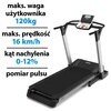 Na zdjęciu znajduje się bieżnia elektryczna z panelem sterującym, a obok niej widoczny jest tekst: "maks. waga użytkownika 120kg, maks. prędkość 16 km/h, kąt nachylenia 0-12%, pomiar pulsu".