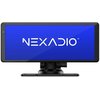 Na zdjęciu widoczny jest tablet z wyświetlaczem, na którym znajduje się niebieski ekran z białym napisem "NEXADIO™". Urządzenie jest zamontowane na czarnej podstawce.