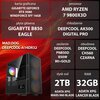 Na zdjęciu znajduje się komputer z widocznymi specyfikacjami: karta graficzna GIGABYTE GeForce RTX 5080 Windforce SFF 16GB, płyta główna GIGABYTE B850 Eagle, procesor AMD Ryzen 7 9800X3D, chłodzenie DEEPCOOL AK500 Digital Pro, zasilanie DEEPCOOL PN850D 85