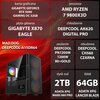 Na zdjęciu znajduje się komputer z widocznymi specyfikacjami: karta graficzna GIGABYTE GeForce RTX 5090 Gaming OC 32GB, procesor AMD Ryzen 7 9800X3D, płyta główna GIGABYTE X870 Eagle, chłodzenie DEEPCOOL AK620 Digital Pro, zasilanie DEEPCOOL PN1200M 1200W