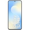 Smartfon z wyświetlaczem w odcieniach niebieskiego i żółtego, na którym widoczny jest biały napis "Galaxy S25 FE". Na górze ekranu znajduje się mały otwór na aparat.