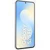 Na zdjęciu widoczny jest smartfon z wyświetlaczem, na którym znajduje się gradientowe tło w odcieniach niebieskiego i żółtego oraz biały napis "Galaxy S25 FE". Urządzenie ma cienkie ramki i centralnie umieszczoną kamerę przednią.