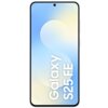 Smartfon z wyświetlaczem w odcieniach niebieskiego i żółtego, na którym widoczny jest biały napis "Galaxy S25 FE". Na górze ekranu znajduje się mały otwór na aparat.