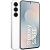 Biały smartfon z trzema aparatami z tyłu i wyświetlaczem z napisem "Galaxy S25 FE". Na ekranie widoczny jest gradientowy wzór w odcieniach szarości i beżu.