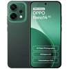 Na zdjęciu widoczny jest zielony smartfon z dwoma dużymi obiektywami i lampą błyskową z tyłu oraz ekranem z przodu, na którym znajduje się tekst: "OPPO AI Phone OPPO Reno14 5G AI Flash Photography AI Edytor 2.0 Teleobiektyw 3,5x". Na obudowie z tyłu widoc