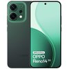 Na zdjęciu widoczny jest zielony smartfon z dużym ekranem, na którym wyświetlony jest napis "OPPO AI Phone OPPO Reno14 5G". Obok ekranu widać tylną część urządzenia z dwoma dużymi obiektywami aparatu i logo "oppo".