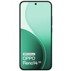 Smartfon z dużym ekranem o zielonym tle, na którym widnieje napis: "OPPO AI Phone OPPO Reno14 5G". W górnej części ekranu znajduje się mały otwór na aparat.