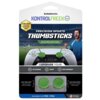 Opakowanie produktu "Nakładki na analogi KONTROLFREEK Football Kit do padów PS4/PS5" przedstawia zielone nakładki na analogi kontrolera, z napisem "Precision Sports Thumbsticks Soccer Edition" oraz ikonami wskazującymi na poprawę wyników, chwytu i ruchu. 