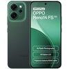 Smartfon w kolorze zielonym z widocznym ekranem, na którym znajduje się tekst: "OPPO AI Phone OPPO Reno14 FS 5G, AI Flash Photography, AI Edytor 2.0, Pojemna bateria 6000 mAh". Na obudowie z tyłu widoczne są trzy obiektywy aparatu oraz logo "oppo".