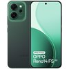 Na zdjęciu widoczny jest zielony smartfon z dużym ekranem, na którym wyświetlony jest napis "OPPO AI Phone OPPO Reno14 FS 5G". W lewym górnym rogu tylnej części urządzenia znajdują się trzy obiektywy aparatu oraz napis "AI CAMERA".