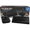 Pudełko z napisem "THE C64 MINI BLACK EDITION" zawiera grafikę przedstawiającą czarną konsolę z joystickiem oraz informację o 25 nowych grach. Na pudełku widnieje także oznaczenie wiekowe "12" oraz postać w stylu kreskówkowym.