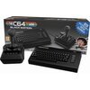 Na zdjęciu znajduje się czarna konsola z klawiaturą i joystickiem, obok opakowania z napisem "THE C64 MINI BLACK EDITION" oraz informacją o 25 nowych grach. Na opakowaniu widnieje także logo "RETRO GAMES" i oznaczenie wiekowe "12".
