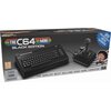 Pudełko z produktem "Konsola COMMODORE The C64 Mini Black Edition Czarny" przedstawia miniaturową wersję komputera z joystickiem, z napisem "THE WORLD'S BEST SELLING MINI HOME COMPUTER" oraz informacją o 25 nowych grach. Widoczne są także oznaczenia wieko