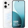Na zdjęciu widoczny jest biały smartfon z dwoma dużymi obiektywami aparatu oraz ekranem wyświetlającym napis "OPPO AI Phone OPPO Reno14 5G". Obudowa telefonu ma subtelny, opalizujący wzór.