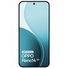Smartfon z wyświetlaczem w odcieniach niebieskiego, z centralnie umieszczonym otworem na aparat. Na ekranie widoczny jest tekst: "OPPO AI Phone OPPO Reno14 5G".