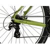 Zbliżenie na tylną część roweru górskiego w kolorze khaki, z widocznym mechanizmem przerzutki i łańcuchem. Na ramie znajduje się napis "BERG 1.0".