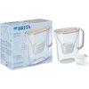 Na zdjęciu znajduje się dzbanek filtrujący BRITA Style Essential Piaskowy o pojemności 2,4 litra, wraz z wkładem Maxtra Pro Pure Performance, obok opakowania z logo BRITA. Opakowanie zawiera szczegółowe informacje o produkcie, w tym opis technologii filtr