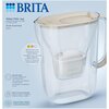 Przezroczysty dzbanek filtrujący z piaskową pokrywką i wkładem filtrującym wewnątrz, z widocznym logo "BRITA" oraz tekstem: "Water Filter Jug, Dzbanek filtrujący do wody, Style Essential 2,4 L". Dodatkowe informacje obejmują funkcje BRITA Smart Light oraz
