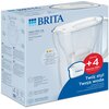Pudełko produktu "Dzbanek filtrujący BRITA Style Essential Biały + 4 x Wkład Maxtra Pro Pure Performance" z widocznym dzbankiem i wkładem, zawiera teksty: "BRITA", "Water Filter Jug", "Style Essential 2,4 L", "BRITA Smart Light", "ZESTAW +4 Maxtra PRO Pur