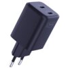 Czarna ładowarka sieciowa z dwoma portami USB-C oznaczonymi jako "USB-C1" i "USB-C2", z widocznym logo "3mk" na obudowie. Produkt ma błyszczące wykończenie i standardowe wtyki do gniazdka elektrycznego.