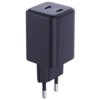 Czarna ładowarka sieciowa z dwoma portami USB-C oznaczonymi jako "USB-C1" i "USB-C2". Produkt ma kompaktowy, prostokątny kształt z zaokrąglonymi krawędziami.