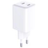 Biała ładowarka sieciowa z dwoma portami USB-C oznaczonymi jako "USB-C1" i "USB-C2". Produkt ma kompaktowy, prostokątny kształt z zaokrąglonymi krawędziami.