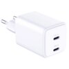 Biała ładowarka sieciowa z dwoma portami USB-C oznaczonymi jako "USB-C1" i "USB-C2". Produkt ma kompaktowy, prostokątny kształt z zaokrąglonymi krawędziami.