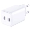 Biała ładowarka sieciowa z dwoma portami USB-C oznaczonymi jako "USB-C1" i "USB-C2". Produkt ma zaokrąglone krawędzie i standardową wtyczkę do gniazdka elektrycznego.