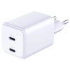 Biała ładowarka sieciowa z dwoma portami USB-C oznaczonymi jako "USB-C1" i "USB-C2". Produkt ma kompaktowy, prostokątny kształt z zaokrąglonymi krawędziami.