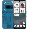 Na zdjęciu widoczny jest niebieski smartfon z wyświetlaczem pokazującym interfejs użytkownika z ikonami i widżetami, w tym kalendarz z datą "11", ikony słuchawek z poziomem naładowania 90%, oraz przycisk oznaczony jako "RED". Na obudowie telefonu widoczne