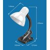 Biała lampa biurkowa z elastycznym ramieniem i klipsem, na niebieskim tle, z wymiarami: 118 mm, 270 mm, 105 mm, 121 mm. Na klipsie widoczne jest logo "Esperanza".