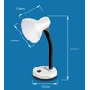 Na niebieskim tle znajduje się biała lampka biurkowa z elastycznym ramieniem, z wymiarami: klosz 118 mm, wysokość 310 mm, podstawa 125 mm, klosz 110 mm. Na podstawie widoczne jest logo "Esperanza" oraz włącznik.