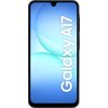 Smartfon z dużym wyświetlaczem, na którym widoczny jest gradientowy niebieski motyw z białym napisem "Galaxy A17". Obudowa urządzenia jest czarna, a ekran ma wcięcie w górnej części.