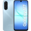 Obraz przedstawia jasnoniebieski smartfon z widocznym ekranem, na którym wyświetlony jest napis "Galaxy A17". Na tylnej obudowie urządzenia znajduje się logo "SAMSUNG" oraz trzy obiektywy aparatu z lampą błyskową.