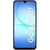 Smartfon z wyświetlaczem w kolorze jasnoniebieskim, na którym widoczny jest napis "Galaxy A17".