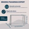 Bramka piłkarska z solidną siatką poliestrową o oczkach szerokości około 10 cm, dostępna w czterech rozmiarach: 120/180/240/300 cm szerokości i 80/120/160/200 cm wysokości. Tekst na zdjęciu: "Bramka Piłkarska Expert", "Niezwykle wytrzymała", "Długotrwała 