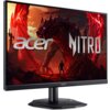 Monitor z wyświetlaczem przedstawiającym grafikę z czerwonym smokiem i postacią na tle ognistego krajobrazu, z widocznymi napisami "acer" i "NITRO". Na dolnej ramce monitora znajduje się logo "acer".