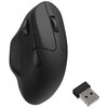 Czarna mysz komputerowa o ergonomicznym kształcie z widocznym przyciskiem bocznym i rolką przewijania, obok której znajduje się adapter USB. Produkt jest przedstawiony na białym tle.
