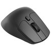Czarna mysz komputerowa o ergonomicznym kształcie z widocznym przyciskiem i rolką przewijania z teksturowaną powierzchnią. Produkt nie posiada widocznych napisów ani logo.