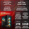 Na zdjęciu znajduje się komputer z widocznymi trzema wentylatorami z podświetleniem, a obok niego tekst opisujący specyfikację: karta graficzna GIGABYTE GEFORCE RTX 5090 GAMING OC 32GB, procesor INTEL CORE ULTRA 9 285K, płyta główna GIGABYTE Z890 EAGLE, c