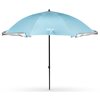 Niebieski parasol plażowy z logo "NILS" na środku czaszy, posiada srebrne wykończenia na krawędziach. Parasol jest rozłożony, a jego czarny trzon jest widoczny na całej długości.