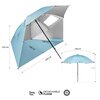 Na zdjęciu znajduje się niebieski parasol plażowy z wymiarami: 250 cm długości, 140 cm szerokości, 102 cm wysokości oraz 240 cm średnicy, z oznaczeniami "XXL", "DETACHABLE FLOOR" i "UV PROTECTION". Parasol ma konstrukcję 2w1 z możliwością odczepienia podł